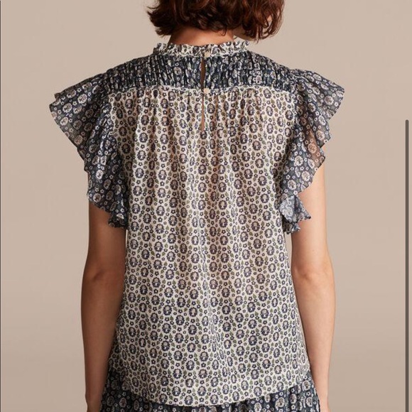 Rebecca Taylor La Vie Anthropologie Petula M Blue Metallic Floral Flutter Sleeve - Picture 4 of 6